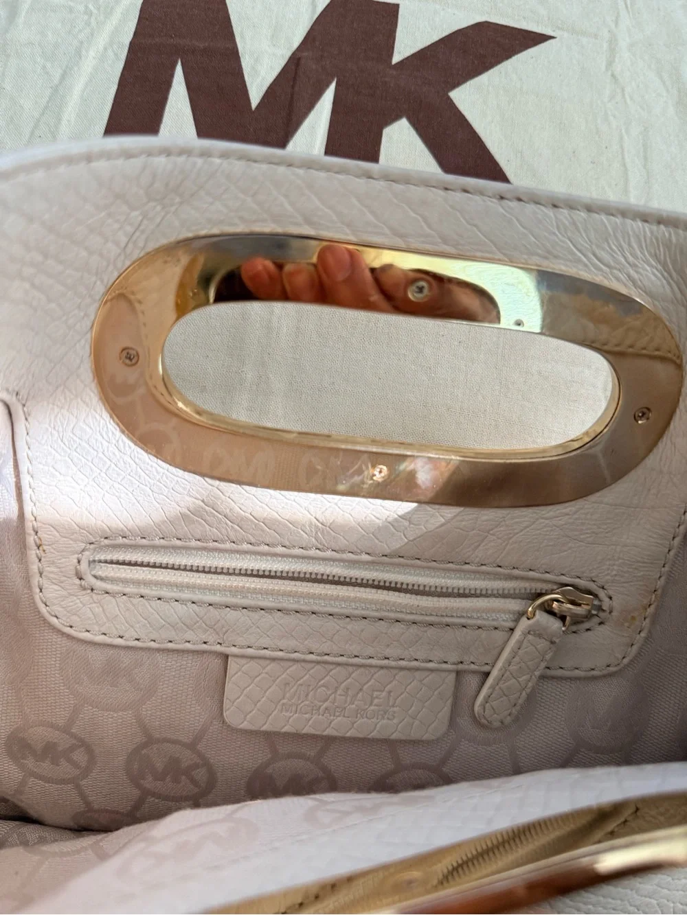 Michael Kors Ivory Leather Handheld Clutch with Gold-Tone Handle